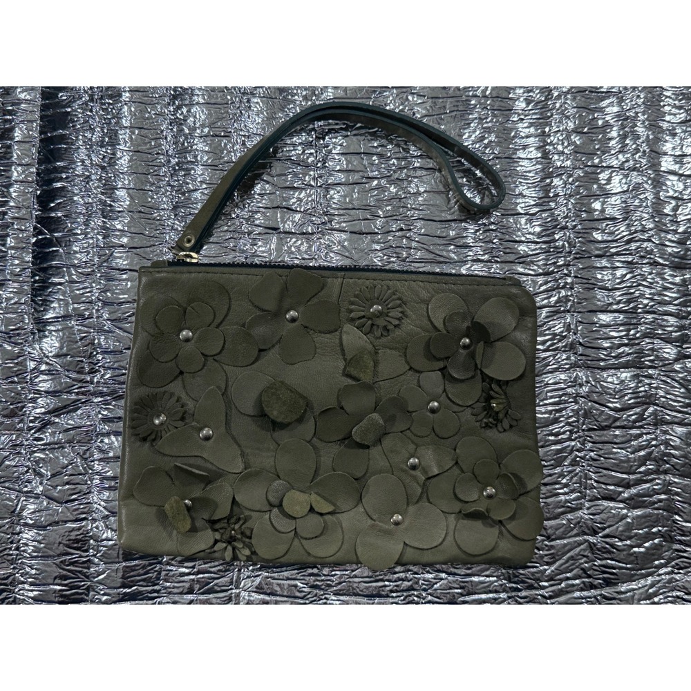 Martina Mori Italy Genuine Leather 3D Floral Wristlet Clutch Bag Olive Green